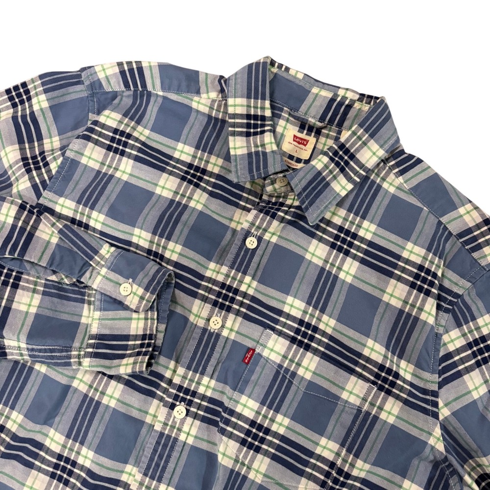 LEVIS Mens L Plaid Shirt Blue Green Cotton Standard Fit Long Sleeve Button Up